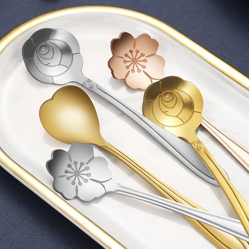 Flowers Gold Spoon Long Handle Dessert Tea Coffee Mixing Spoon Stainless Steel Vintage Teaspoons Drink Tableware 1PC