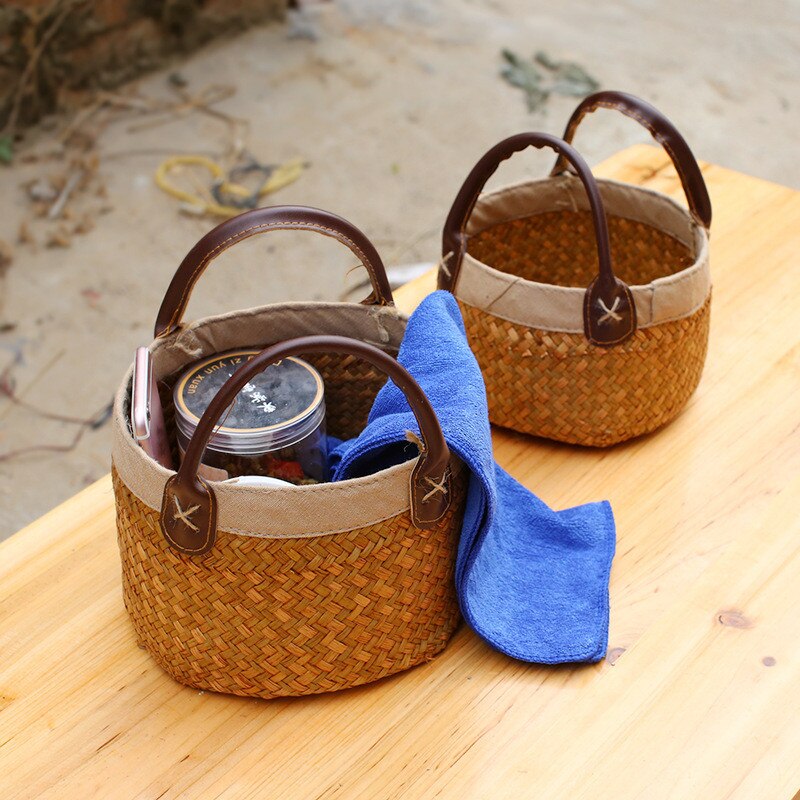 Cesta de mimbre hecha a mano con asa, Mini cesta de almacenamiento, cesta tejida Vintage para algas, maceta, jarrón, contenedor para artículos varios