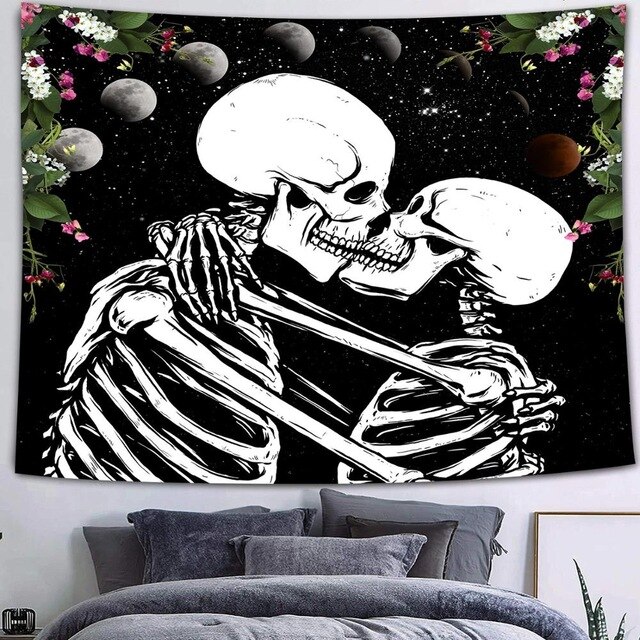 Tapiz gótico de Calavera, Luna, estrellas, cielo estrellado, montaña, negro y blanco, constelación romántica, tapiz para colgar en la pared, decoración estampada: 4