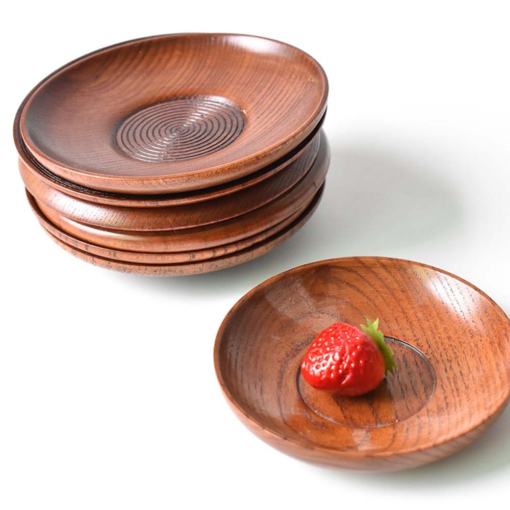 Plato de postre redondo de madera de estilo japonés, platos de fruta, platillo, bandeja de té, plato de cena de postre, suministros de vajilla para el hogar, 1 Uds.