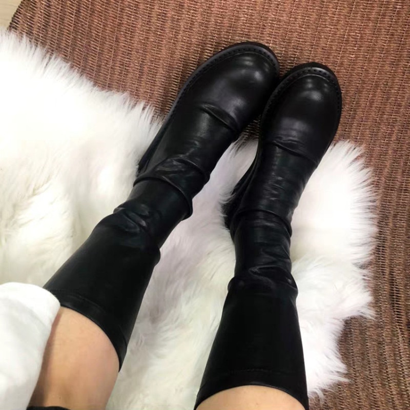 Women Mid-calf Boots Slim Fit Sock Boots Thick Sole Flat Shoes Woman Female Soft Leather Botas Mujer Autumn Flats