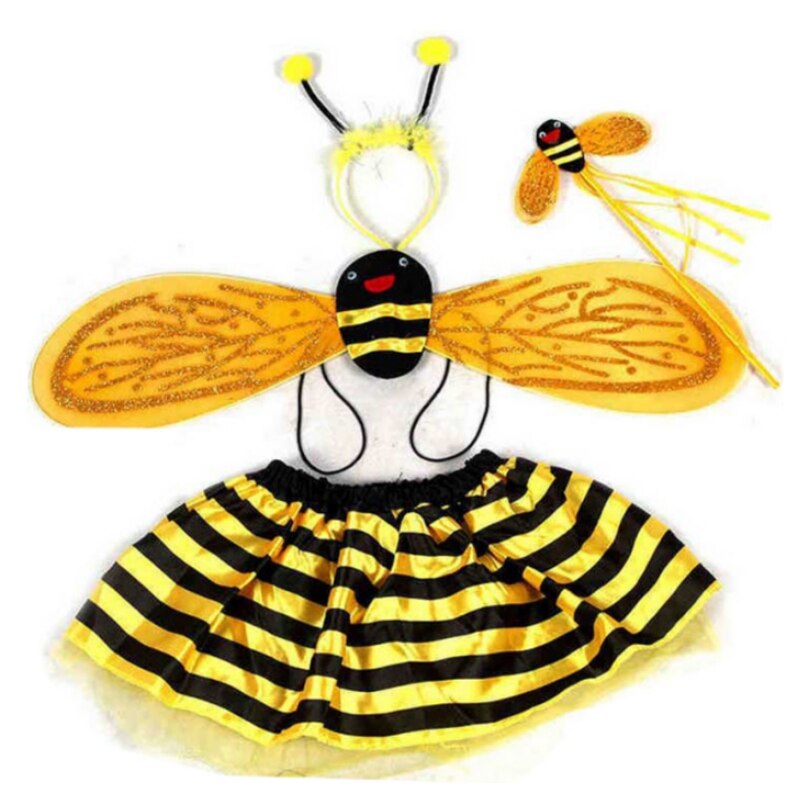4 stk / sæt barn fe kostume sæt mariehøne bi glitter søde vinger stribede lag tutu nederdel tryllestik pandebånd op halloween outfit: Gul bi