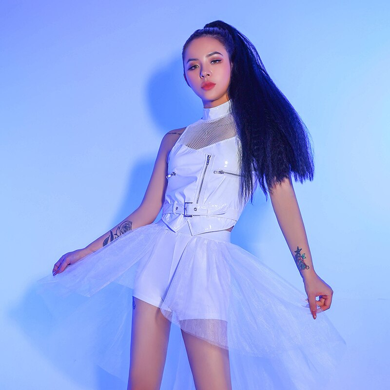 Conjunto de 2 piezas formado por Top y pantalón corto con cremallera, para mujer, espectáculo comercial, Jazz, Hip Hop, club nocturno, Bar, blanco y negro