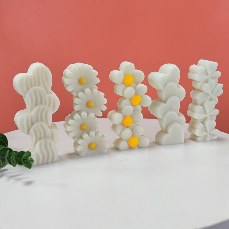 Molde de silicona con forma de corazón para fabricación de jabón, accesorio perfumado con forma de flor, Margarita, trébol de cuatro hojas, girasol, hecho a mano