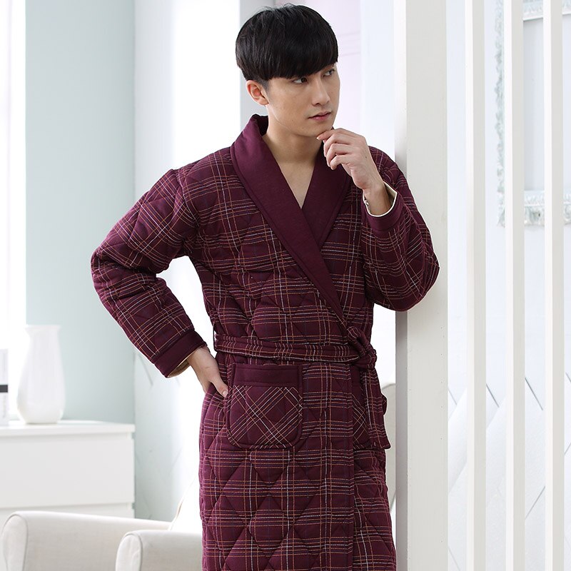 Winter Autumn Plaid 3 Layers Thick Cotton Quilted Men&#39;s Bath Robes Gentlemen&#39;s Homewear Big Yards L-3XL Male Sleepwear Lounges