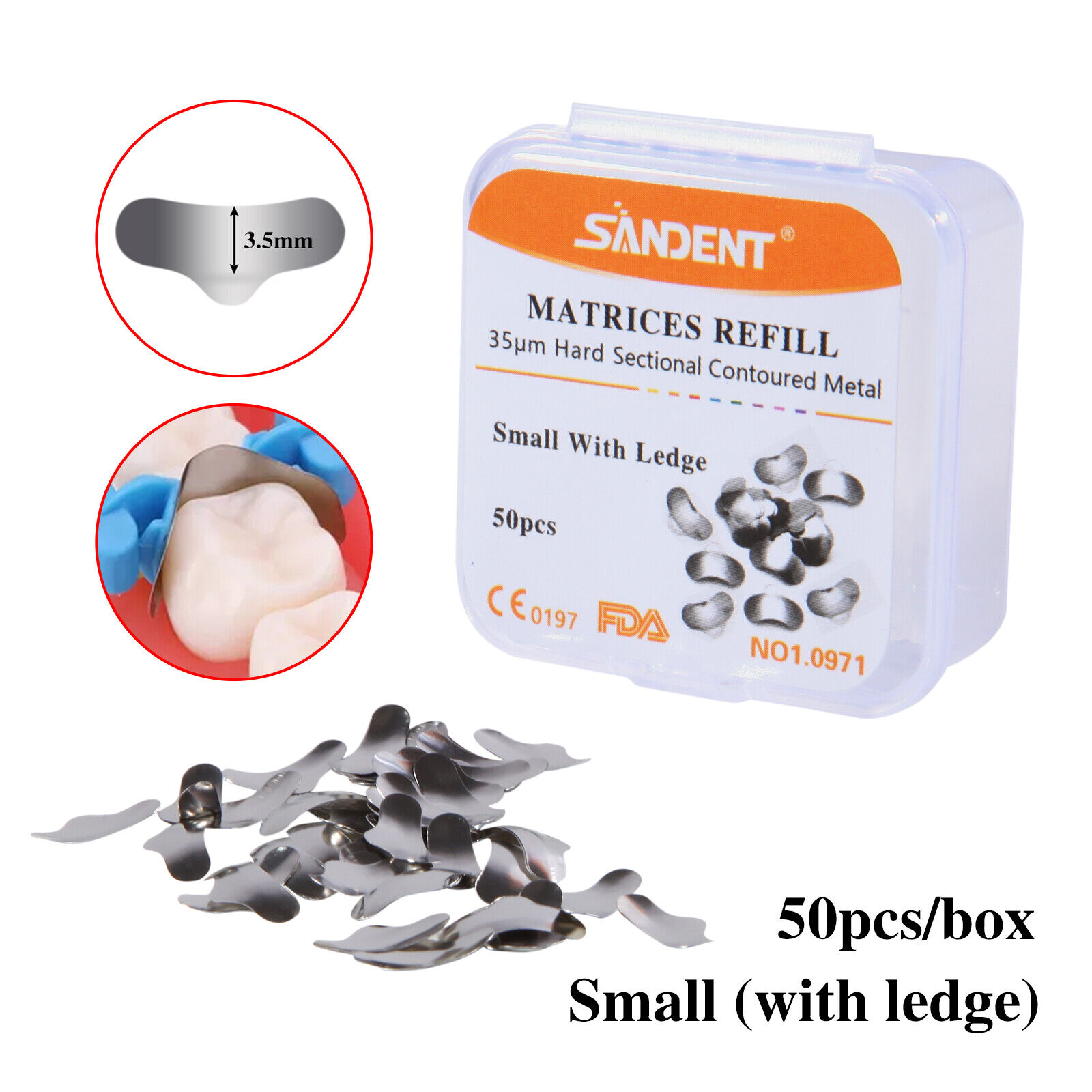 50PCS Dental Metal Matrices Matrix Band/With Ledge Sectional Contoured Refill Box S/M/L