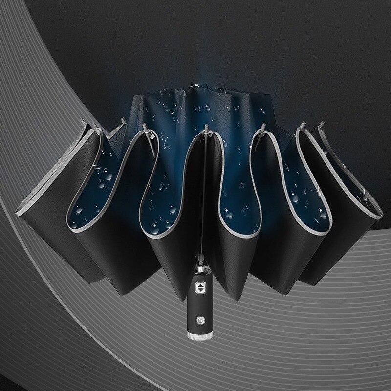 Umbrella Women's Automatic Umbrella Male LED Automatic With Reflective Stripe 3-Folding Inverted 10 Ribs UV Umbrellas