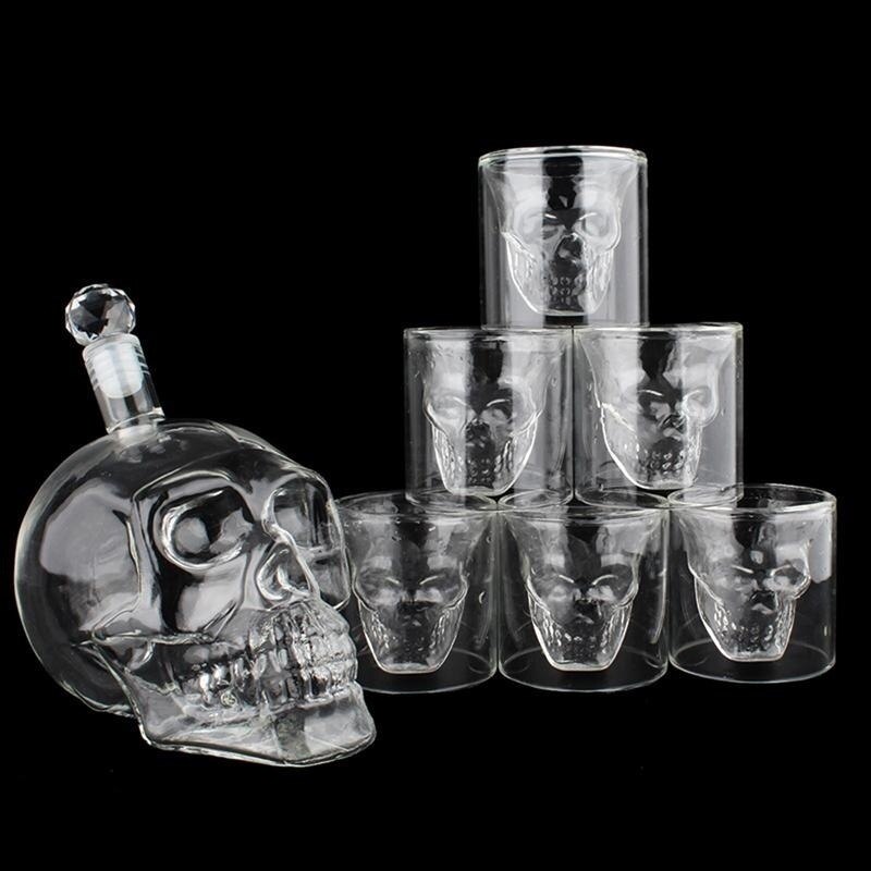 7 pièces/ensemble carafe de visage de crâne en verre avec 6 verres de tir de crâne de 75ml pour le whisky, la Vodka, la bière ou le vin