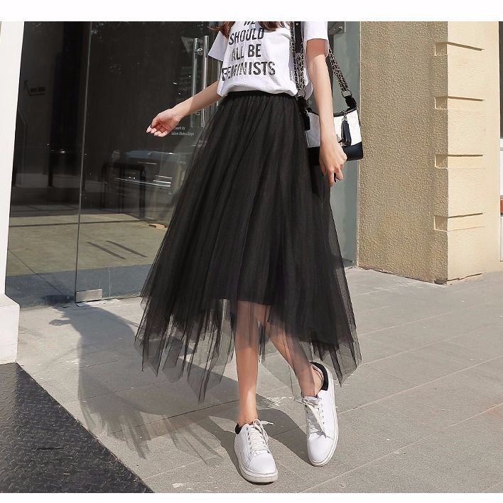 Zomer Half Lengte Elastische Rok Zwart Roze Mesh Rokken Voor Vrouwen Rok Kant Tule Bouffant Puffy Rok Mode Tutu Rokken: L / Black