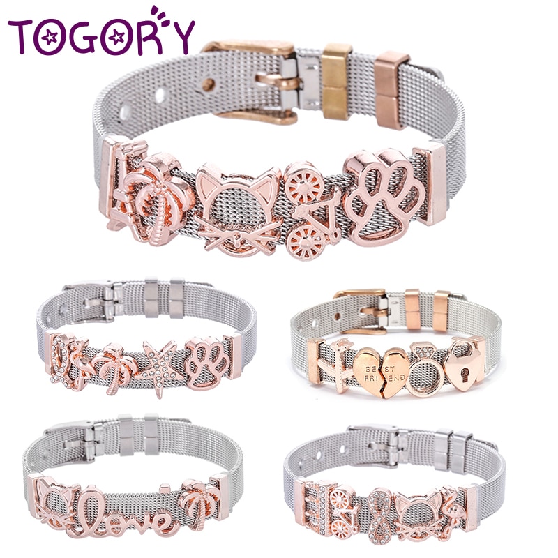 TOGORY Stainless Steel Mesh Bracelet With Crystal Cartoon Dog Claw Charms Fine Bracelets Set For Women Kids