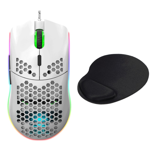 HXSJ J900 USB Wired Gaming Mouse RGB Gaming Mouse with Six Adjustable DPI Ergonomic for Desktop Laptop PC Computer Office: White Mouse and Pad