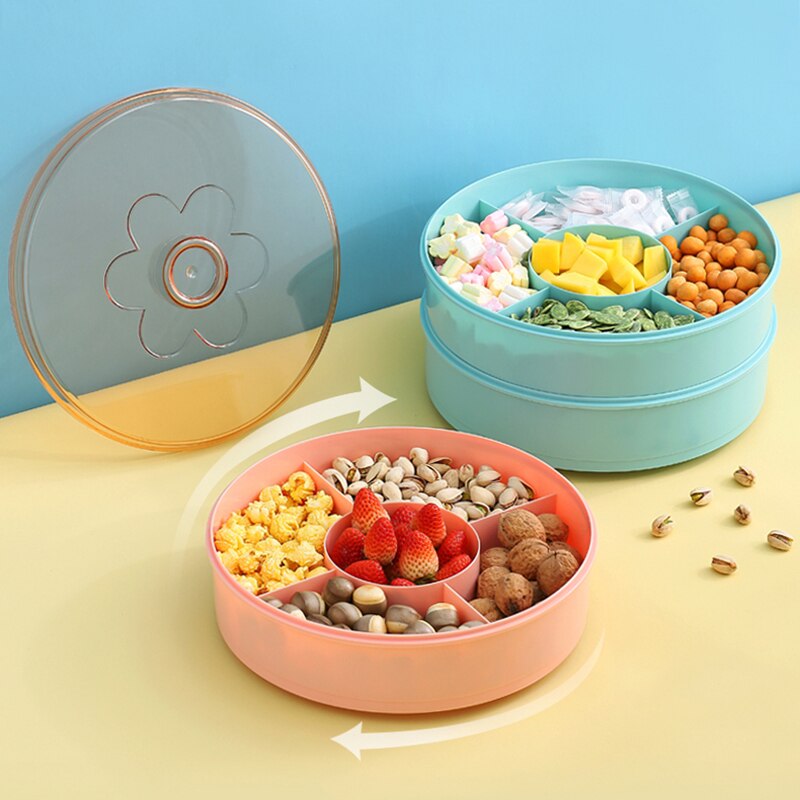 Rotating Snack Box Plastic Food Storage Organizer Candy Nuts Serving Container Divided Compartments Party Snack Plate with Lid