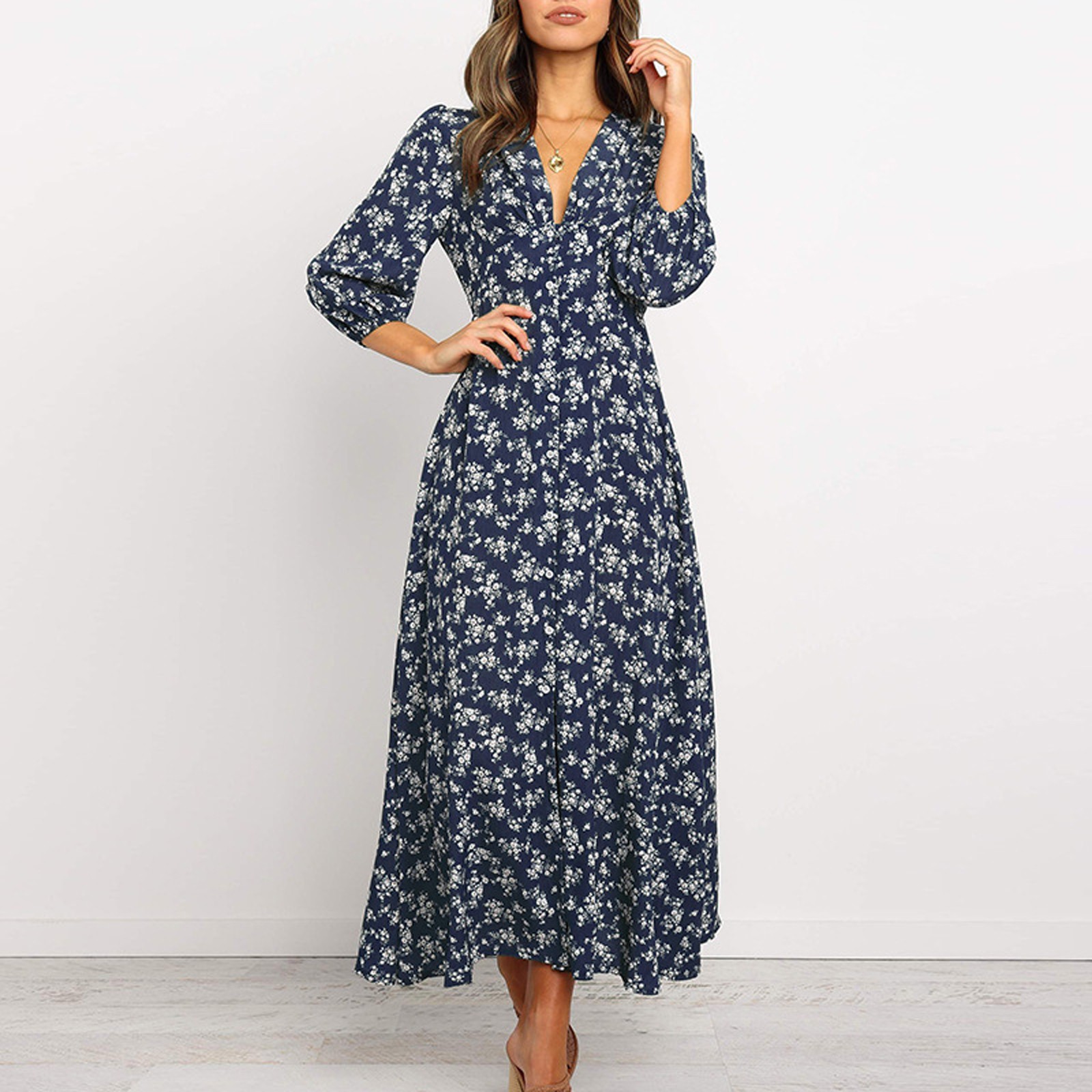 Vestido de verano de manga larga con estampado Floral para mujer, maxivestido Sexy de a la , cuello en V, corte ajustado: XL / Azul marino