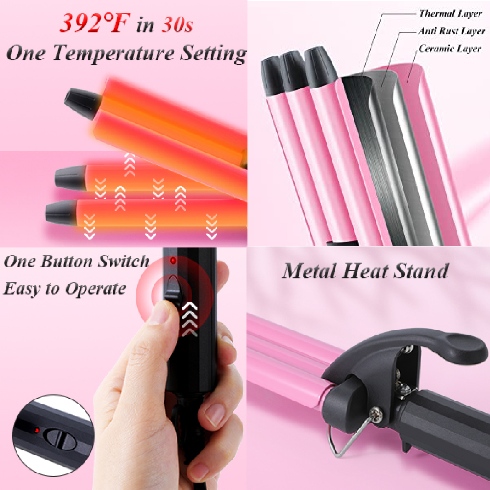 RUCHA Mini Three Barrel Hair Curler Iron Curling Wand 13mm for Home and Travel Ceramic Tourmaline Hair Waves Curls