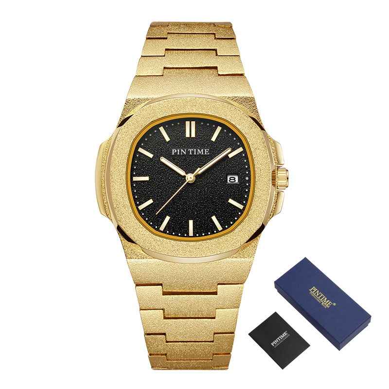 PINTIME Mens Luxury Watch Frosted Stainless Steel Quartz Movement Watches Male Sport Wristwatch: Gold Black Box