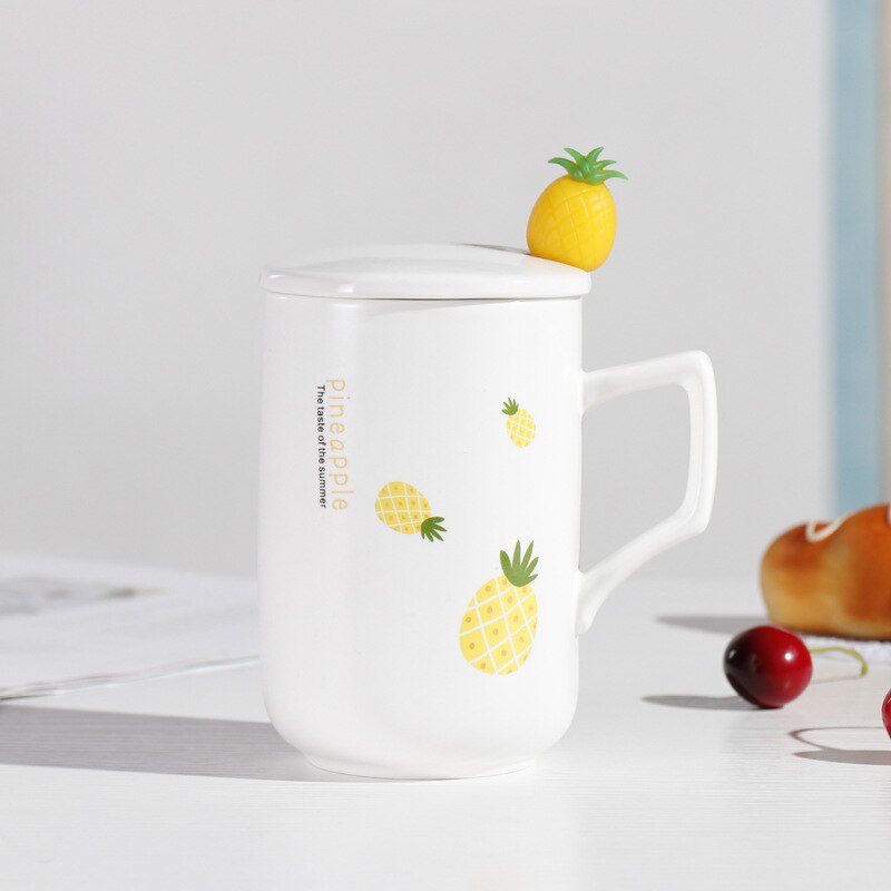 400ml europeisk sommar ananas mugg med sked, silikon sked keramisk kopp frukost muggar kaffekopp