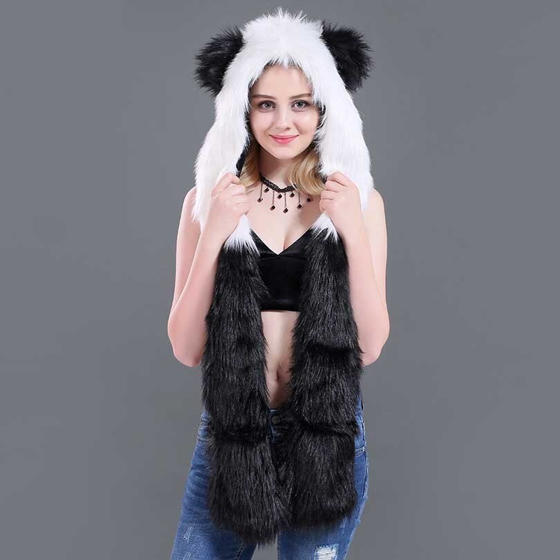 Fuskpälshuva djurhatt öronlappar handfickor 3 in1 djurhuva hatt varg plysch varm djurmössa med halsdukshandskar: 685 panda