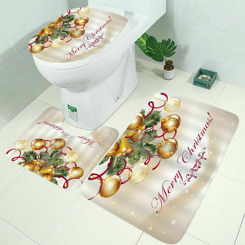 Christmas 4pcs Bathroom Shower Curtain Set Printed Santa Claus Bath Water Absorbing Toilet Polyester Cover Mat Home Decor: Yellow hower curtain