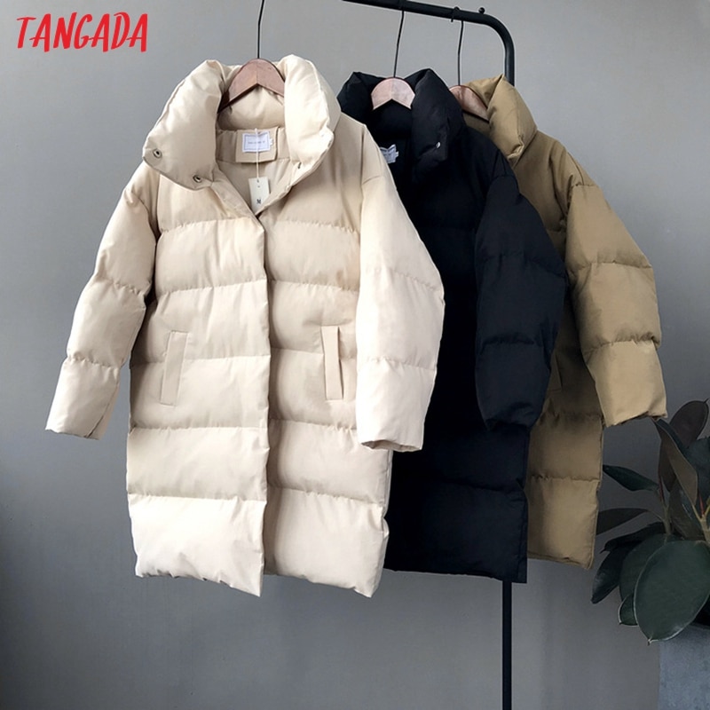 Tangada Vrouwen Solid Oversize Lange Parka Dikke Lange Mouw Knoppen Zakken Vrouwelijke Warme Winterjas Koreaanse Mode ATC02