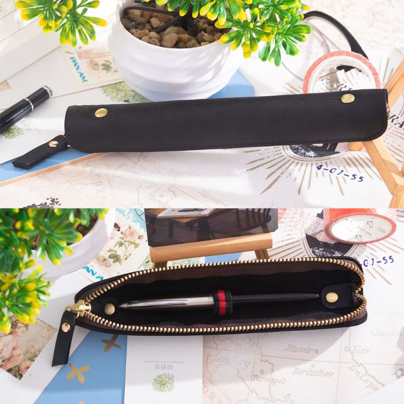 Handgemaakte leren etui vintage retro rits vulpen kwasten etui school kantoorbenodigdheden