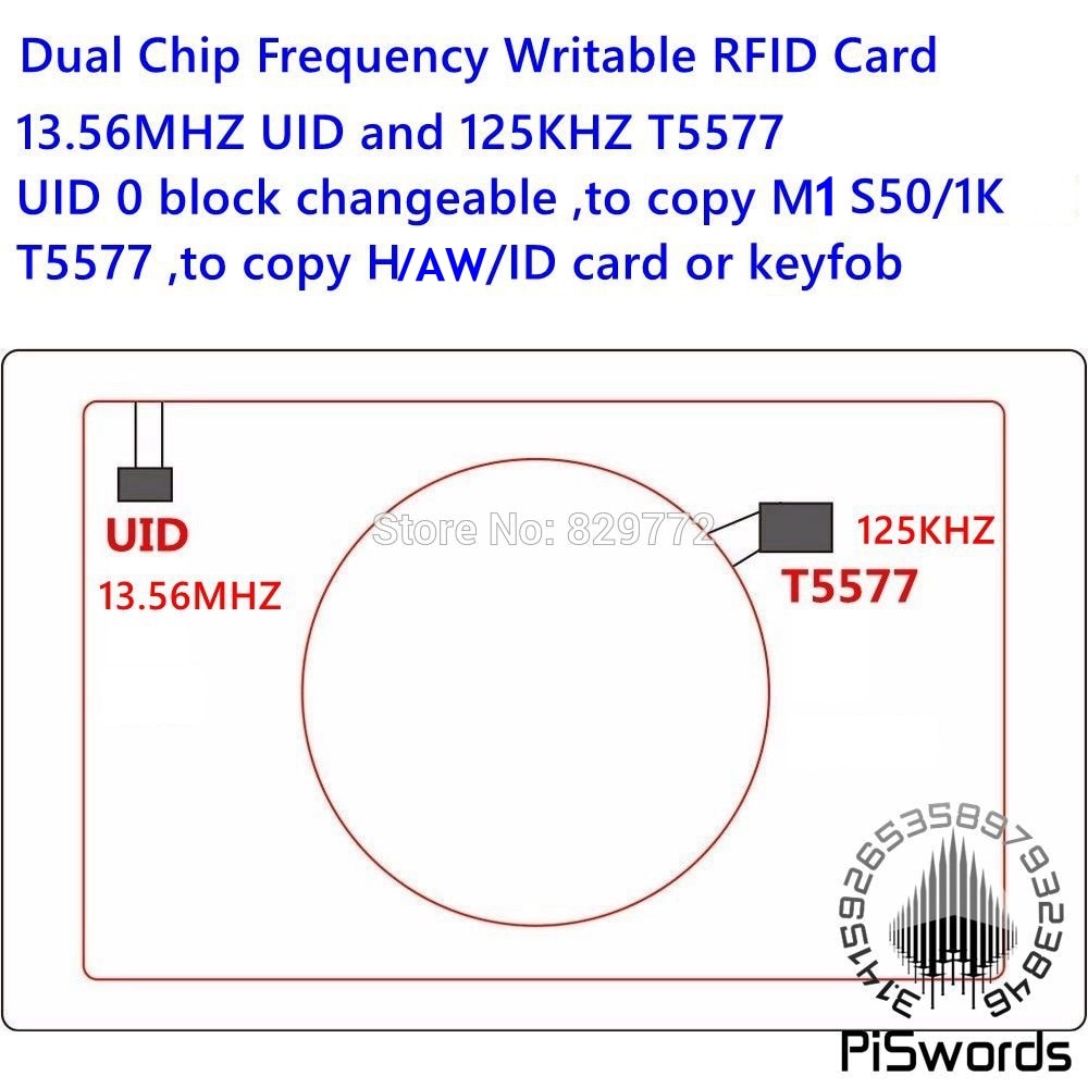 Dual Chip frecuencia RFID de 13,56 Mhz 1K UID y T5577 125 kHz identificación en blanco tarjeta legible escritura reescribir para copiar clon de copiadora