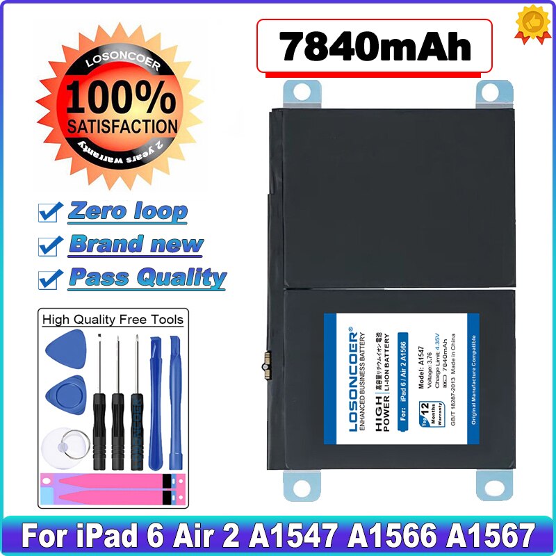 LOSONCOER A1547 7840mAh Batterie Für Apple iPad 6 Air 2 A1566 A1567 Hohe Kapazität Lithium-Polymer Bateria Batterie ~ auf Lager