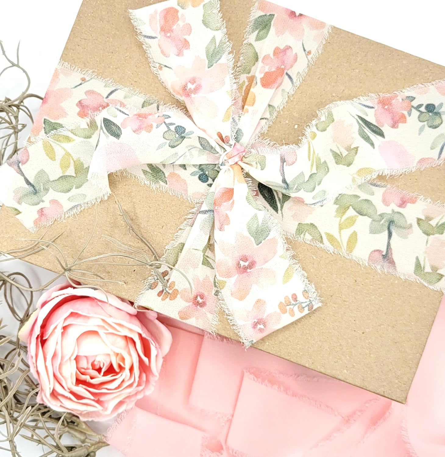 1 Roll 5m*4cm Frayed Edged Satin Handmade Printed flowers Chiffon Silk Ribbon For Wedding Bouquets Birthday Party DIY Decoration