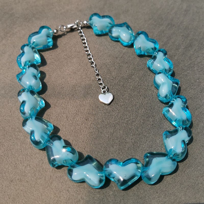 Neue Farben Herz Choker Halsketten für Frauen Punk Harz Strang Seite Kette Böhmischen Weiblichen Party Erklärung Schmuck: Blue