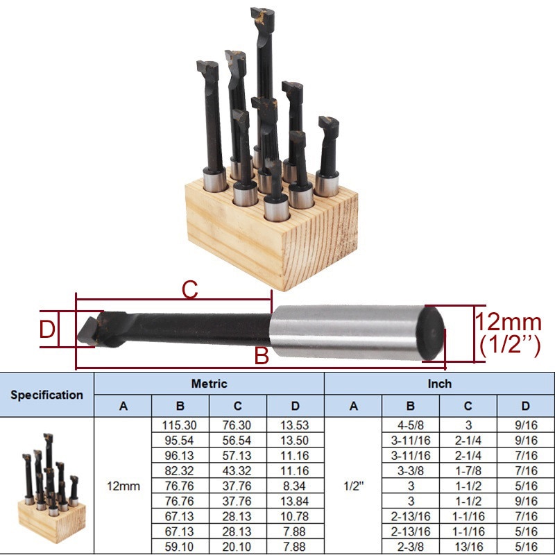 1/2&#39;&#39; 9pcs Hard Alloy Shank Boring Bar Boring Cutter Set Carbide Tipped Bars For 2 Inch 50mm Boring Head