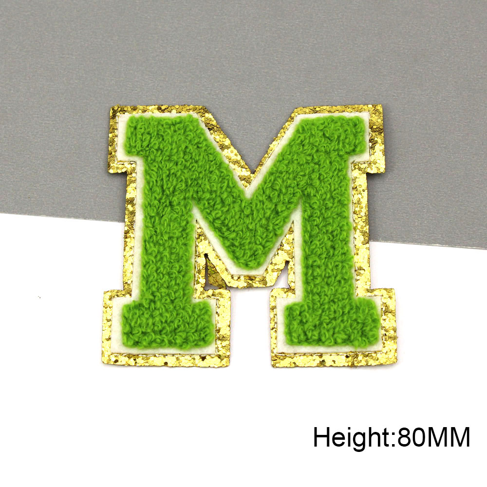 Parche bordado con letras verdes para ropa de niños, parche para planchar, bolsos, Jeans, apliques de chenilla, nombre DIY, 80MM: Transparente