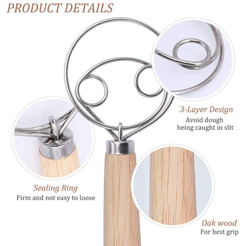 Stainless Steel Danish Dough Whisk Wooden Handle Pizza Bread Dough Mixing Whisk Tool Kitchen Baking Tools Artisian Blender