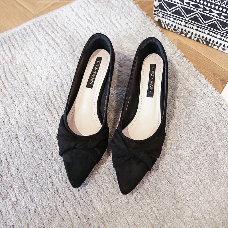 Suède damesschoenen instappers dames lage hak mocassins ondiepe enkel damesschoenen lente herfst puntige neus zapatos mujer: Zwart / 35
