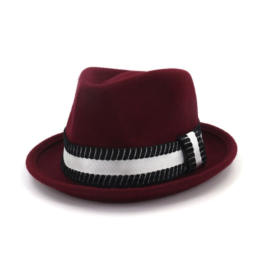 Chapeau fedora en laine marron pour homme et femme, style vintage, style royal, avec nœud carré, collection hiver: Chapeau fedora rouge vin