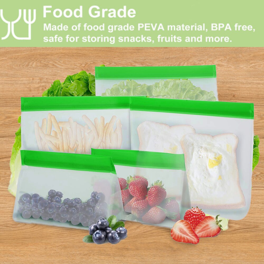Reusable Food Bag Zero Waste PEVA Sealed Bags Snack Vegetable Fruits Sandwich Bag Friedge Fresh Food Storage Container BPA Free