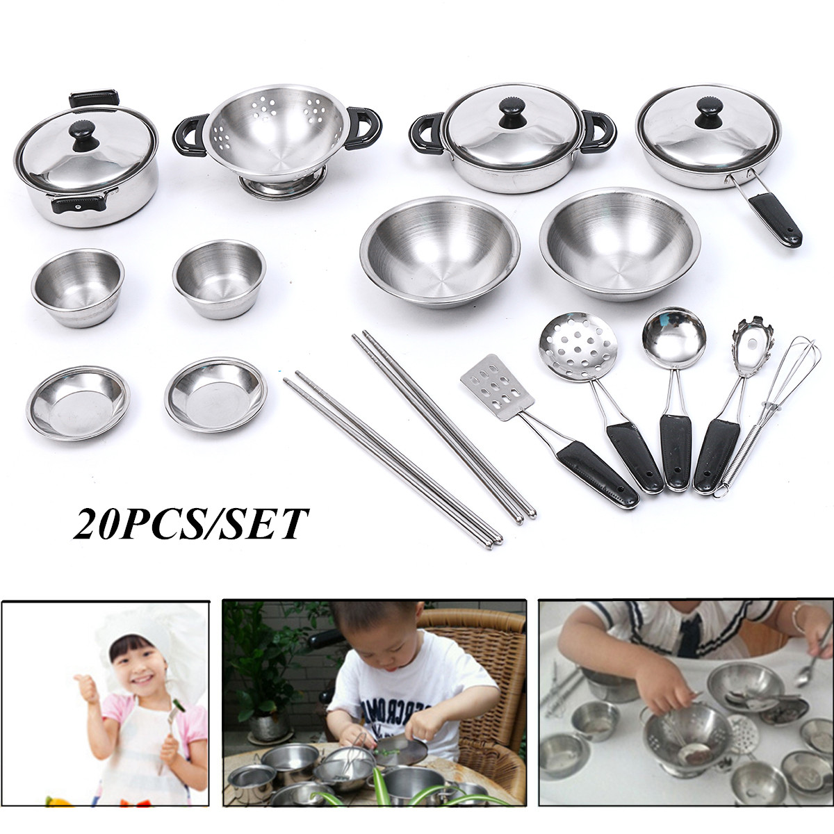 20PCS Gladde Roestvrijstalen Keuken Speelgoed Rvs Mini Speelhuis Keuken Model Kookgerei Kinderen Speelgoed Kinderen