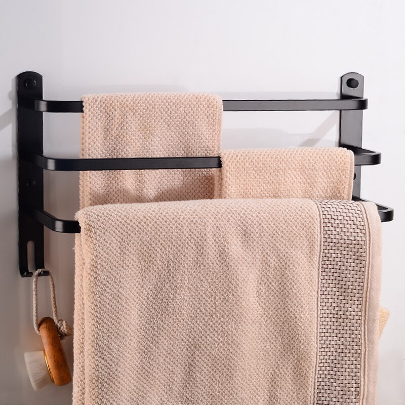 Håndklædestangholder sort aluminium tre-lags håndklædestativ vægmonteret håndklædehænger med krog badeværelse hylde hjørne bruser