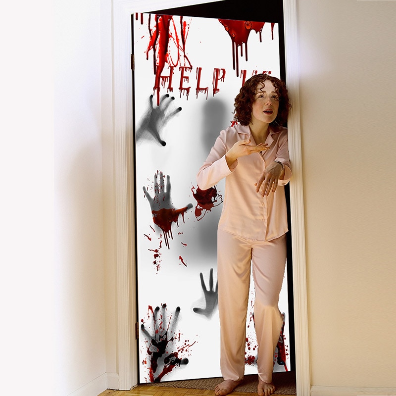 Halloween Door Sticker Bloody Hand Foot Print Stickers Self-adhesive Scary Room Art Decor Party Wall Decal Floor Door Decor