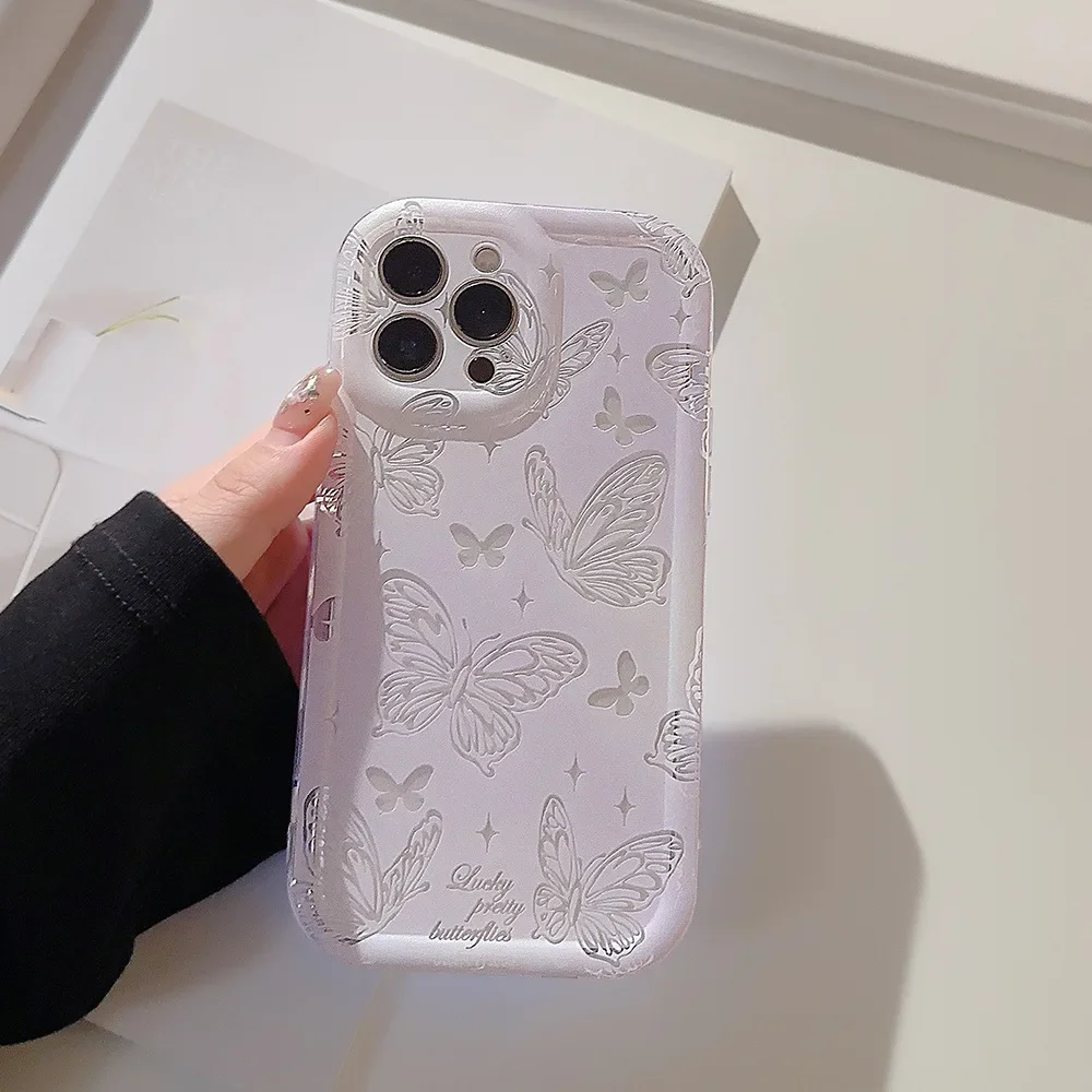 Funda de teléfono con soporte de mariposa de acuarela estilo Ins para iPhone16 15 14 12 13 11 Pro ProMax Plus Xsmax, funda de teléfono suave a prueba de golpes: Tela de algodón / Negro