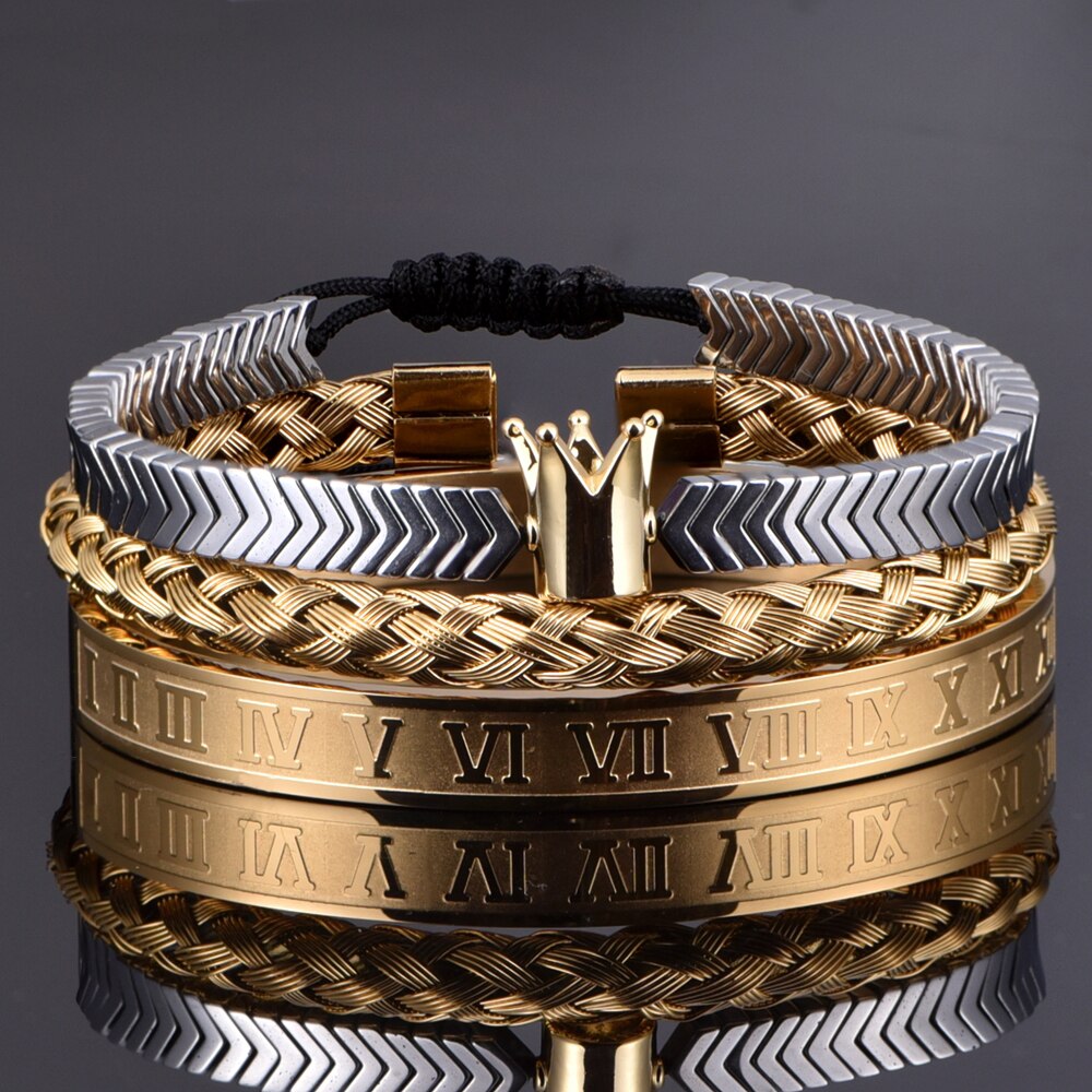 3 teile/satz Krone Handgemachte Männer Hämatit Armbinde Römische Ziffer Hanf Seil Schnalle Offenen Edelstahl Armreifen Luxus Schmuck: silber- und gold