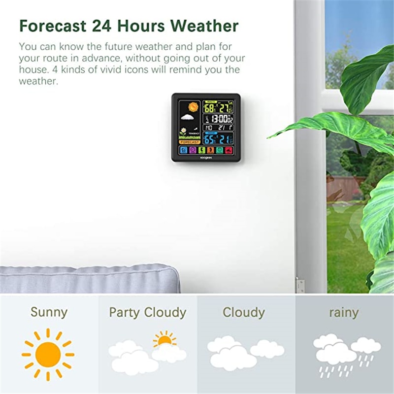 Indoor Outdoor Digital Weather Station Wireless LCD Display w/ Alarm Clock Real-Time Temperature/Humidity/Forecast Function Home