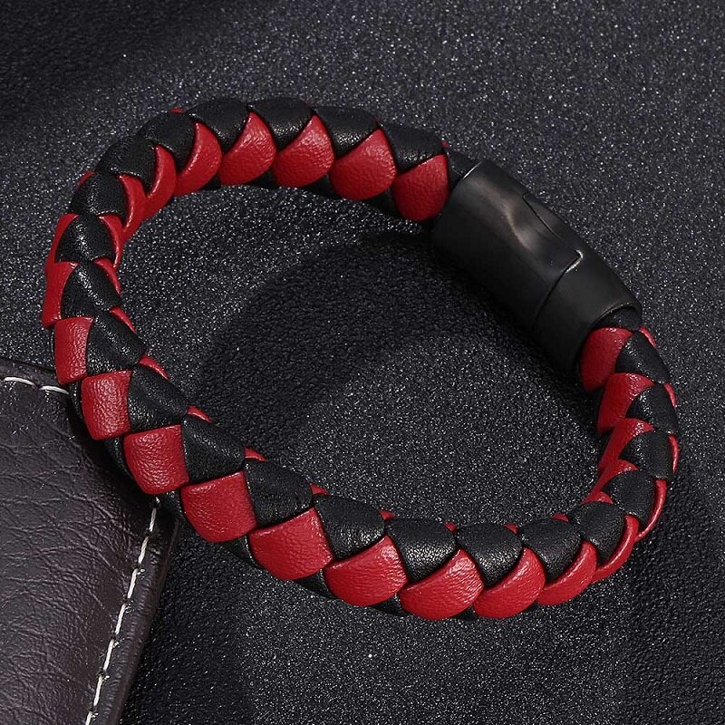 Trendy rød&sort flettet læderarmbånd herre smykker sort rustfrit stål magnetisk lås mandlige armbånd armbånd  st0028