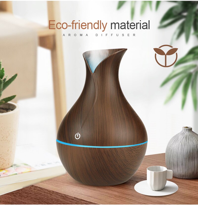 Aroma diffuser met essentiële olie, superluchtbevochtiger met houtnerf, 7 kleuren led-verlichting voor thuiskantoor