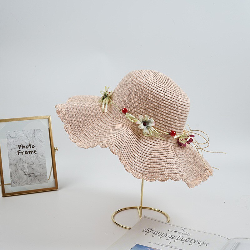 Sombrero de paja con flores para madre e hija, sombrero flexible de ala ancha para playa, verano,: PINK