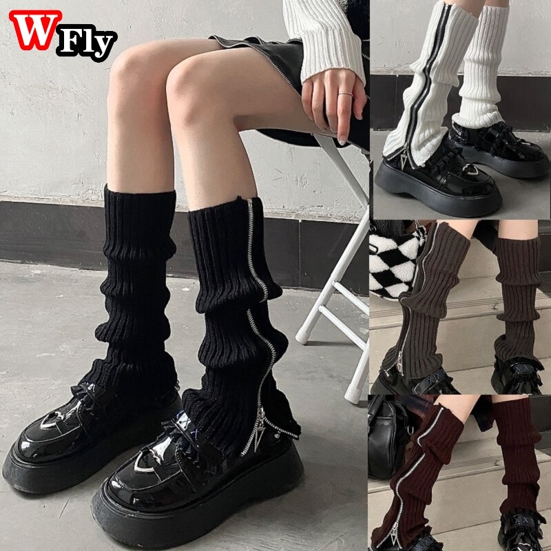 Jambières gothiques Lolita avec fermeture éclair, couvre-pieds Harajuku, bas en tricot pour femmes et filles, couvre-pieds chauds d&#39;hiver
