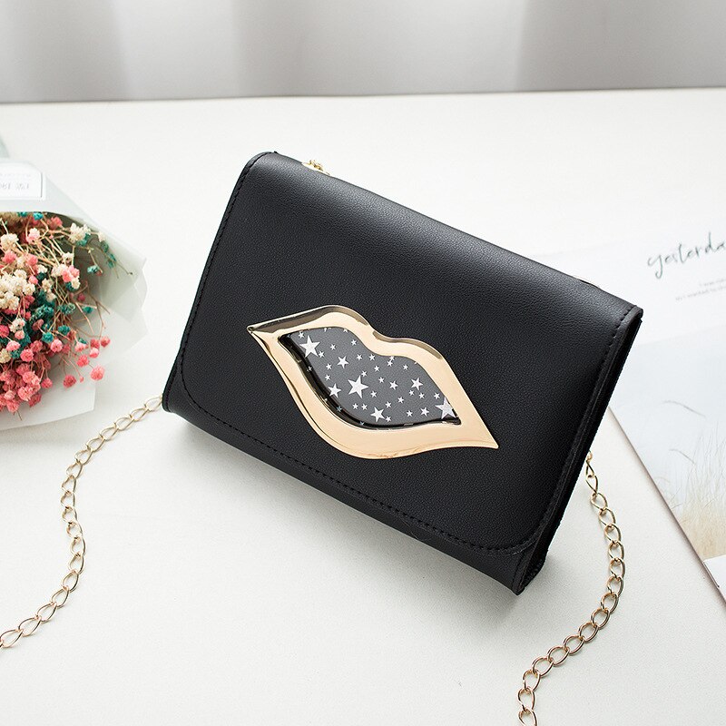 Big Lips Shoulder Bag for Women Shiny Stars Leather Change Purse Female Crossbody Messenger Chain Bags Ladies: Black