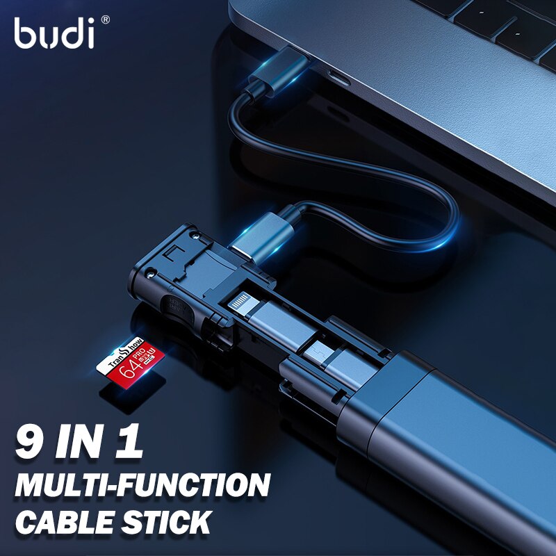 Budi multifunksjons smartadapter usb datakabel lagringsboks multikabel 6 typer kabel sim kit tf kort minneleser lagringsveske