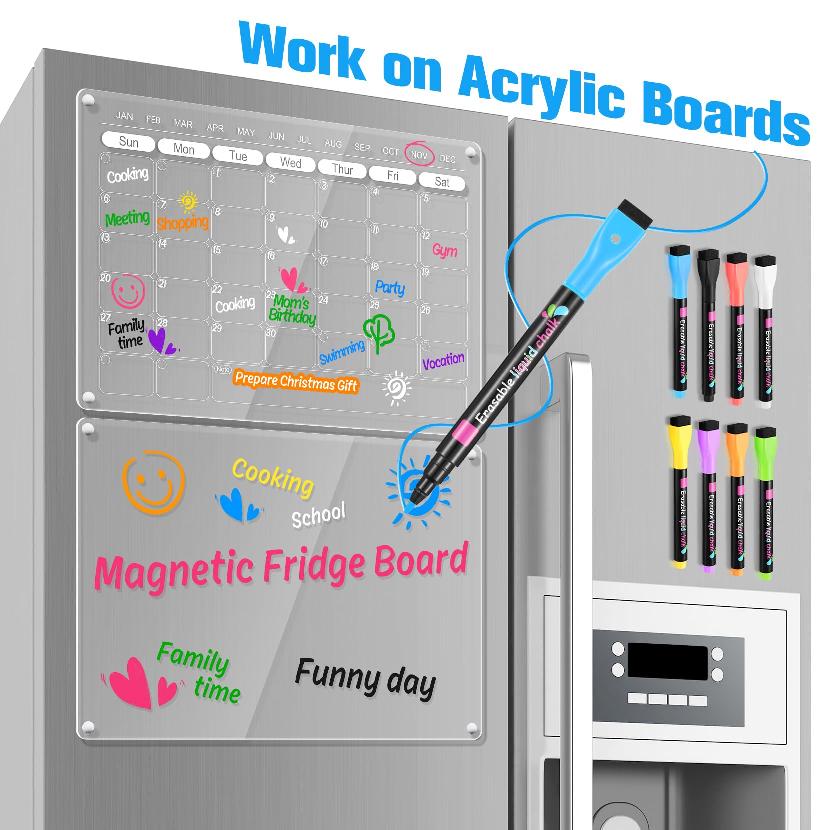 Líquido Giz Colorido Pintura Marcadores Caneta, Calendário Acrílico, Vidro Transparente, Quadro Branco Escrita Canetas, 8 Cores