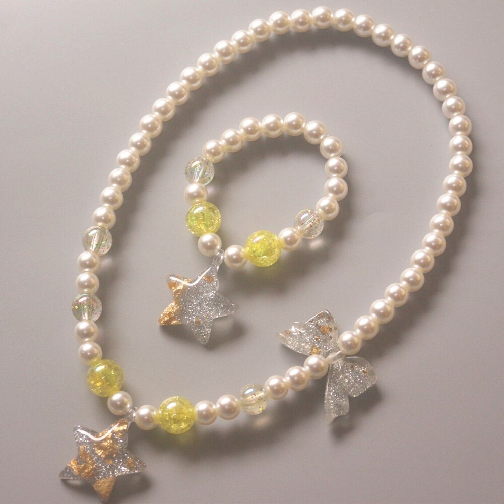 Børn perle halskæde armbånd sæt børn glitter hjerte stjerne vedhæng halskæde piger prinsesse perle legetøj børn & #39 ;s smykker: Stjernegul