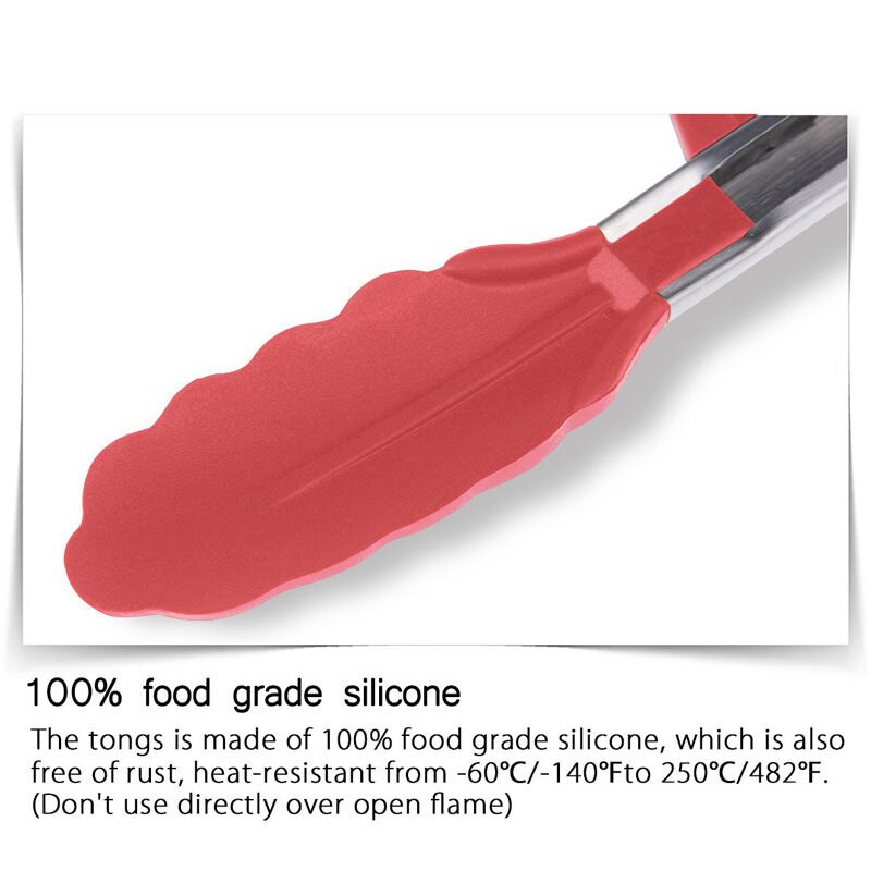 9/12 Inch Kitchen Cooking Tongs Heat Resistant Stainless Steel Bbq Tong with Silicone Tips and Stand for Spaghetti Salad