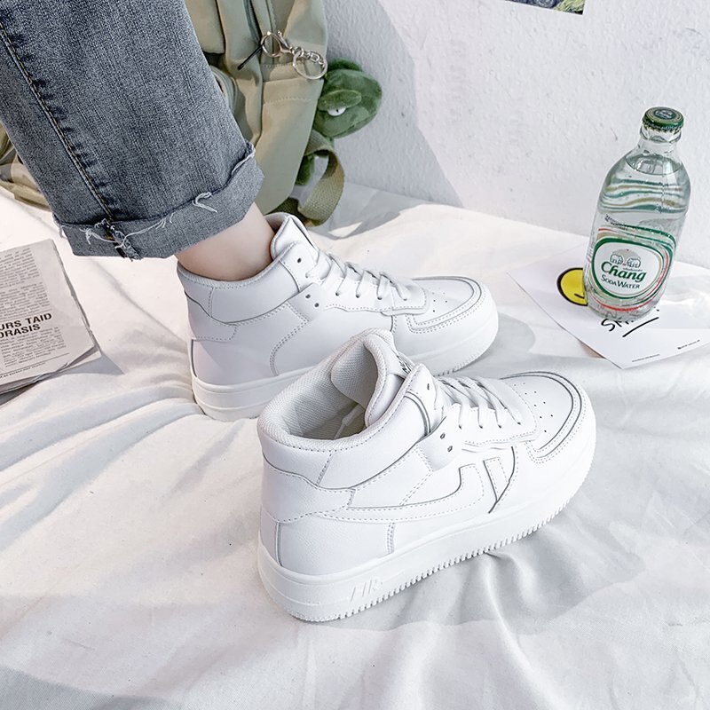 Dame sneakers pu slik farve rund tå snøre høj top board sko hip-hop afslappet kvinder moderigtige sportssko ins trend